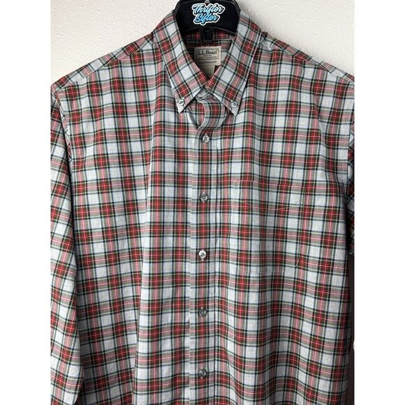 L.L. Bean Mens L-Tall Red Traditional Fit Plaid Long Sleeve Button Shirt - Picture 4 of 7